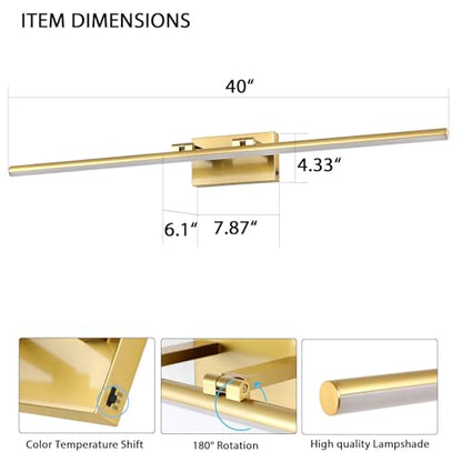 LED Bathroom Vanity Light, Modern Bathroom Light Fixture Over Mirror (3000K/4000K/6000K, Dimmable), Vanity Light Bar with Angle Adjustable, 40 Inch, Brass - color: Brass, size: 40 inch