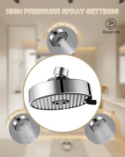 Bovepin 3 functions Rainfall Shower Head Replacement with 1.5 GMP Flow | G1/2" Universal Fitting, 360° Adjustable Brass Ball Joint, 1-Min Easy Install & Easy Clean, Chrome