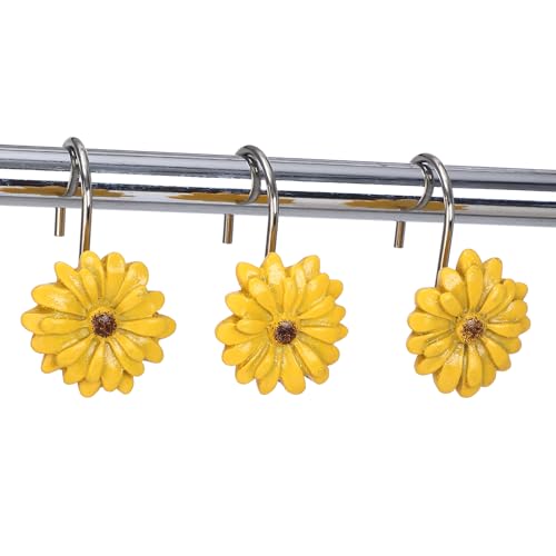 Twofish Home Sun Flower Shower Curtain Hooks Anti Rust Shower Curtain Hooks Decorative Resin Sun Flower Shower Curtain Rings Set of 12 - color: Sun Flower