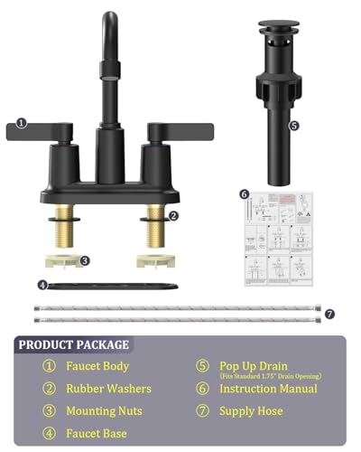 Matte Black Bathroom Sink Faucet 3 Hole 4 Inch Centerset Bathroom Faucets | Faucet for Bathroom Sink with Pop Up Drain and 2 Supply Hoses 2 Handle Bathroom Faucet for Sink Vanity RV Evolvegoods - color: Matte Black