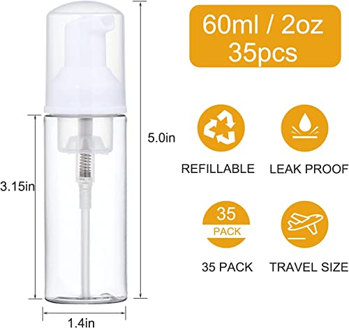 35 Pack 2 oz Foam Pump Bottles, Refillable Soap Dispenser, Daily Use | Clear foam pump bottle for diluted liquid soap, facial cleanser, body wash, shampoo, bathroom, kitchen, vanity and travel use - color: Clear