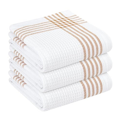 Brown and White Cotton Kitchen Towels 3 Pack, Waffle Weave, 16x26 Inch, Super Absorbent, Reversible, Quick Dry Dishcloths for Drying Dishes, Cleaning, Reusable, Everyday Use - color: Brown, White, style: 3 Pack