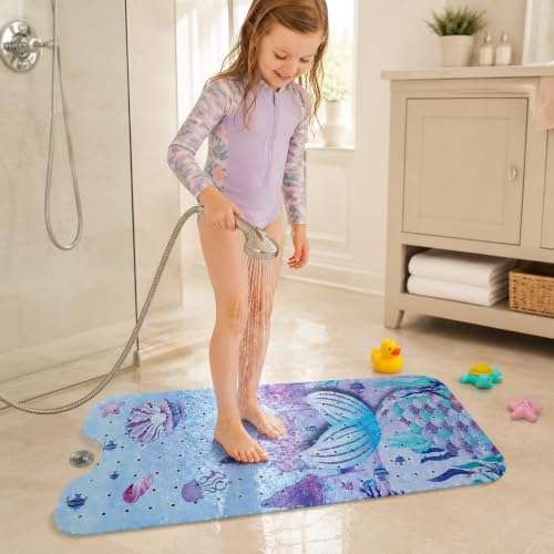 Cinrobiye Bath Mat for Tub Non Slip, 40 x 16 Inch Mermaid Cartoon Bathtub Shower Mat with Suction Cups and Drain Holes, Waterproof Machine Washable Bathroom Mat - color: Pink