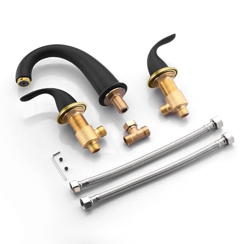 SUMERAIN 2 Handle Bathroom Roman Bathtub Faucet, Black and Gold | 3 Hole, High Flow, Tub Filler, with Valve, Brass, Classic Style - color: Black and Gold, size: 4-29/32" spout reach