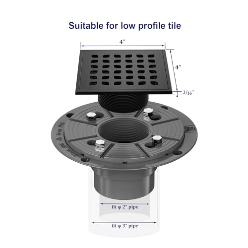 Neodrain 4 Inch Matte Black Square Shower Drain High Flow Floor Drain | Low Profile Drain Cover Removable Stainless Steel 304 Grate with Hair Catcher,Lifting Hook and PVC Drain Base - color: Matte Black, size: 4 In