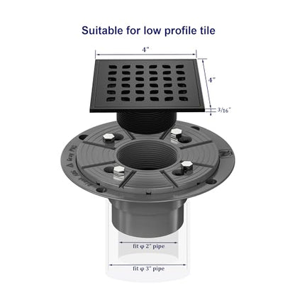 Neodrain 4 Inch Matte Black Square Shower Drain High Flow Floor Drain | Low Profile Drain Cover Removable Stainless Steel 304 Grate with Hair Catcher,Lifting Hook and PVC Drain Base - color: Matte Black, size: 4 In