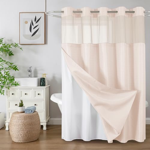 No Hook Shower Curtain with Snap in Fabric Liner, Waffle Weave Heavy Duty Thick Shower Curtains with Mesh Top Window, Hotel Style Waterproof Bathroom Curtain Set, 72 x 75 Inch, Blush Pink - color: Blush Pink, size: 72"W x 75"L (Pack of 1)