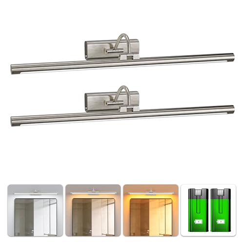 Modern Bathroom Vanity Light 24 inch Brushed Nickel 2Pack | 10000mAh Rechargeable Wall Mounted Bathroom Lights, with 2 Detachable Batteries, 3CCT with Remote for Bathroom Mirror - color: Nickel, size: 2 Pack with Replaceable Battery