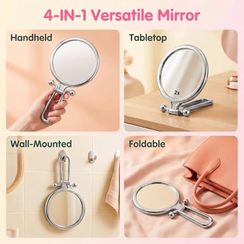 Magnifying Handheld Mirror Double Sided, Travel Makeup Hand Mirrors with 1X 2X Magnification, Small Hand/Desk Vanity Mirror (1Pc Silver) - color: 1pc Silver