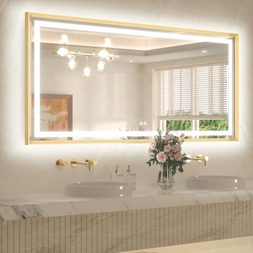 60 x 30 Large Bathroom Mirror Brushed Gold Metal Frame Frontlit & Backlit Vanity Mirror 3 Colors White/Warm/Natural Stepless Dimmable Anti-Fog Bathroom Mirrors for Vanity Wall-Mounted - color: Brushed Gold, size: 30"L x 60"W