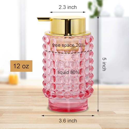 Glass Foaming Soap Dispenser, Pink Foam Hand Soap Dispenser, Bathroom 12 Oz Large Bottle with Gold Pump, Refillable Lotion Pump Container for Bathroom, Kitchen,Hand Soap, Dish Soap, Shampoo - color: Pink