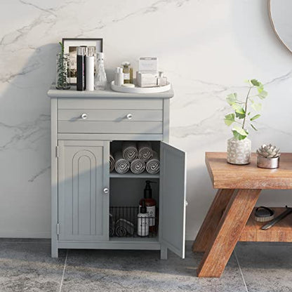 COSTWAY Bathroom Floor Cabinet, Wooden Side Storage Organizer w/Larger Drawer, Adjustable Shelf & 2-Door Cupboard, Freestanding Storage Cabinet for Living Room, Kitchen, Entryway (Grey) | Larger Drawer, Adjustable Shelf & 2-Door Cupboard, Freestanding Sto
