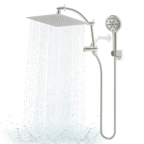 Hibbent Metal 12" High Pressure Rain Shower Head Combo, Brushed Nickel | cUPC Certified Rainfall Shower Head with handheld 10 Sprays, 16'' Adjustable Extension Arm, 71'' Hose, Showerhead Holder - color: Brushed Nickel, style: Square 12''