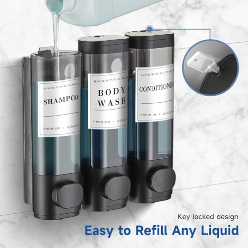 3 Chamber Wall-Mounted Shampoo and Conditioner Dispenser for Shower - No Drill, Large Capacity Soap Dispenser for Bathroom and Hotel, Black - color: Black