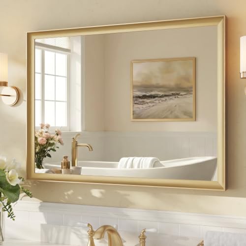 USHOWER Brushed Gold Bathroom Mirrors for Over Sink 30x40 Inch, Aluminum Framed Rectangle Vanity Mirror for Wall, Bedroom, Living Room, Entryway, Anti-Rust, HD Tempered Glass, Horizontal/Vertical - color: Brushed Gold, size: 40"L x 30"W