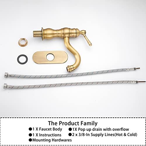 Antique Brass Bathroom Faucet GGStudy 360° Swivel Bathroom Vanity Faucet Single Handle One Hole Bathroom Sink Faucet Basin Matching Pop Up Drain with Overflow - color: Antique Brass, size: Short