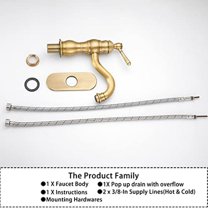 Antique Brass Bathroom Faucet GGStudy 360° Swivel Bathroom Vanity Faucet Single Handle One Hole Bathroom Sink Faucet Basin Matching Pop Up Drain with Overflow - color: Antique Brass, size: Short