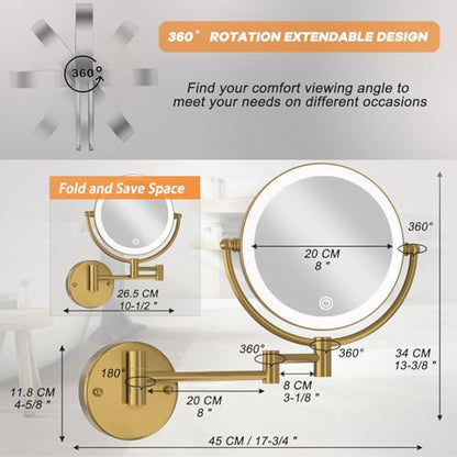 8" Lighted Magnifying Makeup Mirror Wall Mounted, Brushed Moderne Brass | 1X/10X Double Sided, 3 LED Color Touch Dimmable, 360 Swivel Gold Extendable Arm Vanity Shaving for Bathroom, Rechargeable - color: Brushed Moderne Brass