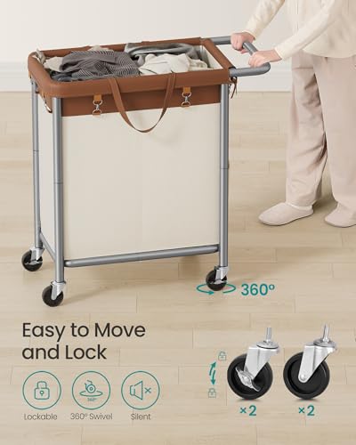 SONGMICS Laundry Basket with Wheels, 2-Section, 37.0 Gallons (140 L) | Rolling Laundry Hamper, Removable Liner, Steel Frame with Handle, 27.2 x 15.4 x 31.9 Inches, STEVIE Collection URLS004KQ02 - color: Coffee Brown + Cream White, size: 140 L (2-Section)