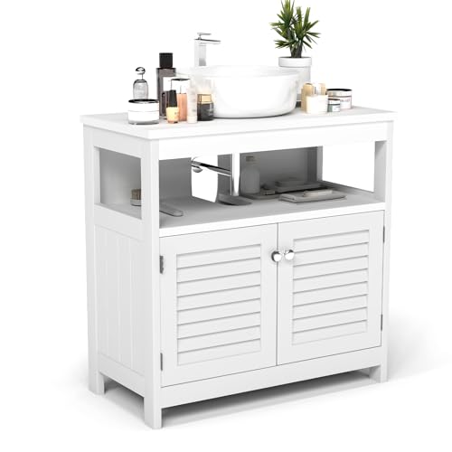 Under Sink Storage Cabinet, U Shape Cutout Wall Mounted Bathroom Vanity Organizer Freestanding Floor Cabinet for Pedestal Sink Waterproof Cabinet for Washroom Householding Cleaning Supplies, White