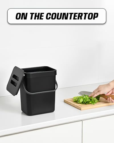 1.3 Gal Kitchen Compost Bin, Hanging Small Trash Can, 5L, Black | With Lid, Hanging, Adhesive Mount, Countertop, for Kitchen Under Sink RV Bathroom Office - color: BLACK, size: 5 L / 1.3 Gal - Lid