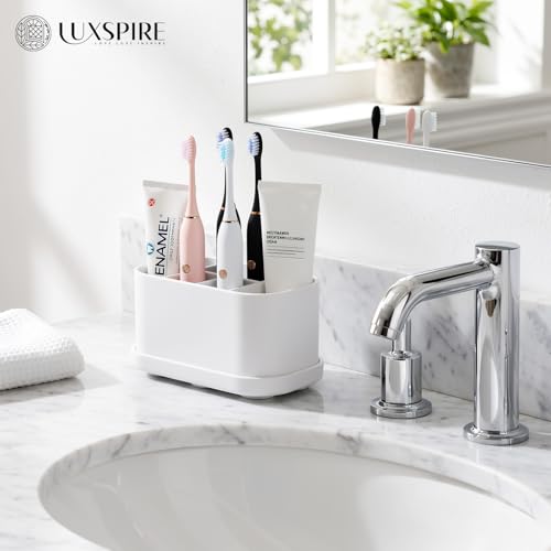 Luxspire Toothbrush Holders for Bathrooms, Silicone, 5 Slots, White | Toothbrush Organizer with Suction Cup Tray, Toothbrush Holder with Drainage for Bathroom Countertop - color: White