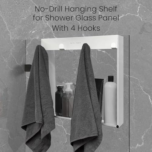 Hanging Shower Shelf with Hooks for Shower Glass Panels | 20"x16" Matte White 304 Stainless Steel | Bathroom Caddy | No-Drill, No-Rust Modern Design - color: Matte White