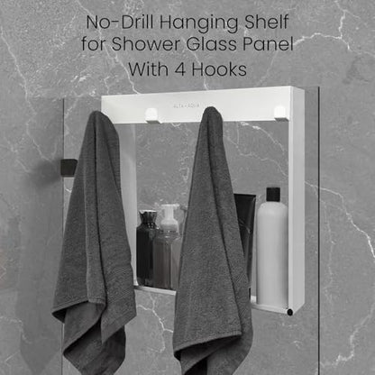 Hanging Shower Shelf with Hooks for Shower Glass Panels | 20"x16" Matte White 304 Stainless Steel | Bathroom Caddy | No-Drill, No-Rust Modern Design - color: Matte White