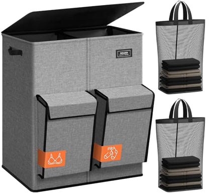 SOLEDI 180L Double Laundry Hamper with Lid and 2 Side Pockets, Dual Hamper | 2 Section Laundry Basket, Removable & Washable Laundry Bags, 180L Large Capacity, for Bedroom, Bathroom, Laundry Room, Dorm - color: Grey