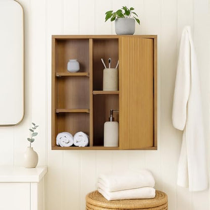 Teamson Home 22″ Wide Bathroom Wall Cabinet with Open Compartments & 1 Door with Fixed Interior Shelf, Wall Mounted Medicine Cabinet with Wooden Bracket for Mounting, Fluted Finish in Natural Tone | Open Compartments, 1 Door with Fixed Interior Shelf, Woo