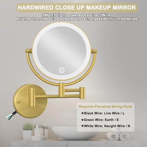 10X Magnifying Makeup Mirror Wall Mounted with Lights, Hardwired | 8-Inch, 3 Color LED Lighting Touch Dimming, Memory Function, Swivel Extended Arm Bathroom Vanity Shaving, Brass Brushed Gold - color: Brushed Gold