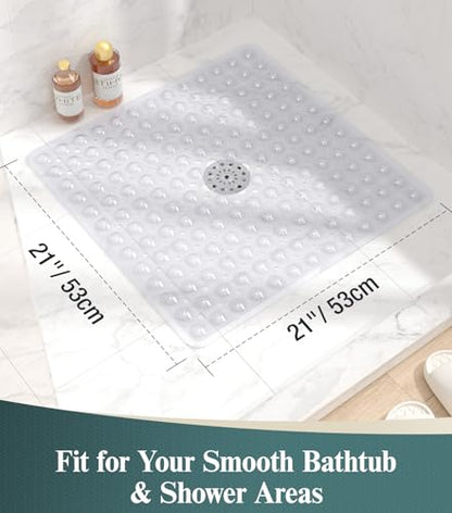 HITSLAM 21x21 Inch Square Shower Mat Non Slip, Anti Slip Bathtub Mat with Strong Suction Cups & Drainage Holes, Machine Washable Bathroom Floor Mat for Inside Shower Stall and Tub, Clear - color: Clear