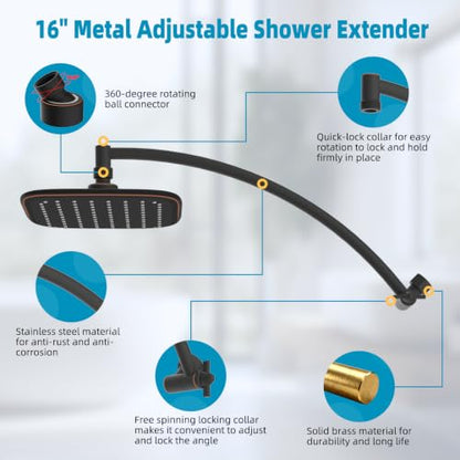10" Rain Shower Head with 16" Metal Extension Arm, High-Pressure Showerhead | Oil Rubbed Bronze, Boosting Rainfall/Fixed Showerhead, Shower Head Extender Adjustable Height/Angle, 1-Min Easy to Install - color: Oil Rubbed Bronze, size: 16"