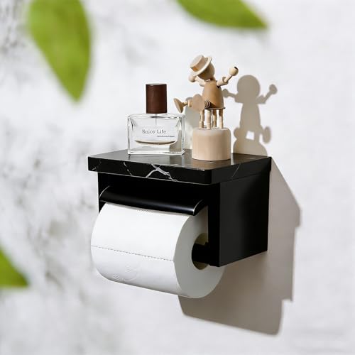 Toilet Paper Holder with Shelf- with Toilet Paper Cutting Function, Modern Toilet Paper Holder Wall Mounted for Bathroom Washroom (Marble Black&Black, Single) - color: Marble Black&black, size: Single