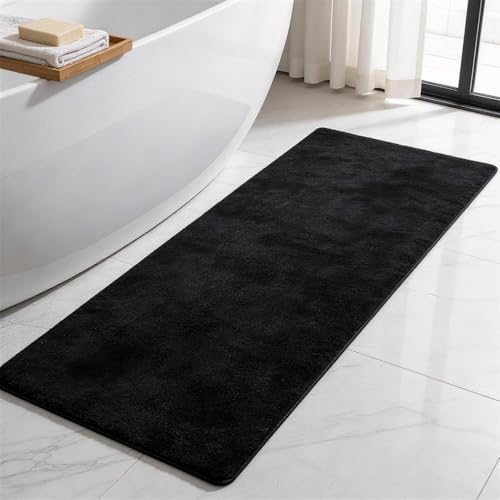 TYUU Bathroom Runner Rug, Ultra Soft Long Bath Mat Machine Washable Super Absorbent Quick Dry Bathroom Runner Rugs 24 x 60 Non Slip, Black 24" x 60" - color: Black, size: 24" x 60"