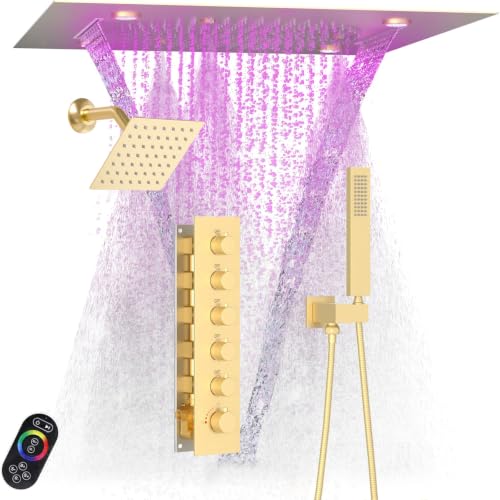 Enga Luxury Dual Shower Head System LED Thermostatic Shower System with 6 inch Wall Shower, 20-Inch 3 Function Shower Head (Rainfall & Mist & Waterfall), Brushed Gold - color: Brushed Gold, style: 20" Head (Rain + Mist+Waterfall) - 6" Head