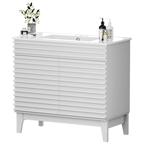 APRILSOUL 36" Bathroom Vanity with Ceramic Sink, Mid-Century Bathroom Vanity Cabinet with 2 Soft Closing Doors, Freestanding Bathroom Cabinet, Particleboard Frame with Wood Grain Laminate, White - color: White/ White Sink, size: 36 Inch
