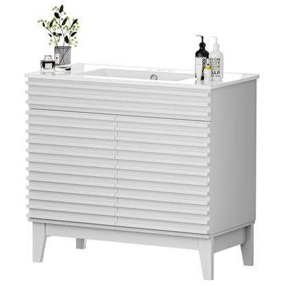 APRILSOUL 36" Bathroom Vanity with Ceramic Sink, Mid-Century Bathroom Vanity Cabinet with 2 Soft Closing Doors, Freestanding Bathroom Cabinet, Particleboard Frame with Wood Grain Laminate, White - color: White/ White Sink, size: 36 Inch