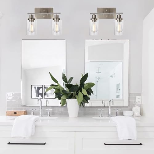 MELUCEE 2 Heads Bathroom Light Fixtures Brushed Nickel | Metal Wall Lights with Clear Glass Shade Modern Vanity Lights Sconces for Hallway Bedroom Kitchen (Patent No.: US D963914 S) - color: Brushed Nickel, size: 2-Light