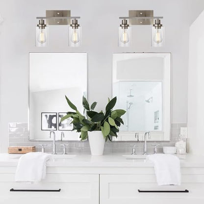 MELUCEE 2 Heads Bathroom Light Fixtures Brushed Nickel | Metal Wall Lights with Clear Glass Shade Modern Vanity Lights Sconces for Hallway Bedroom Kitchen (Patent No.: US D963914 S) - color: Brushed Nickel, size: 2-Light