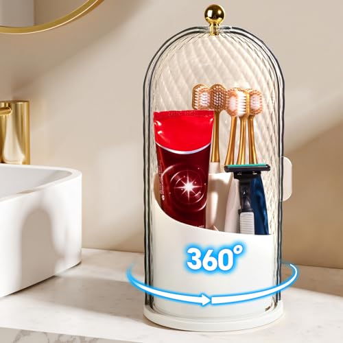 3 Slots Rotating Toothbrush Holders with Lid for Bathroom | Coverd Tooth Brush Holders for Countertop, Concealed Makeup Brush Holder, Toothpaste Holder-White - color: White