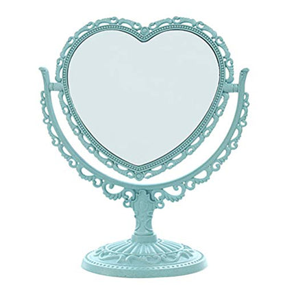 Lurrose Aesthetic Heart Shape Vanity Mirror Double Sided Makeup Mirror with 360 Degree Table Mirror with Stand for Bathroom, Bedroom (Blue) Heart Shaped Mirror