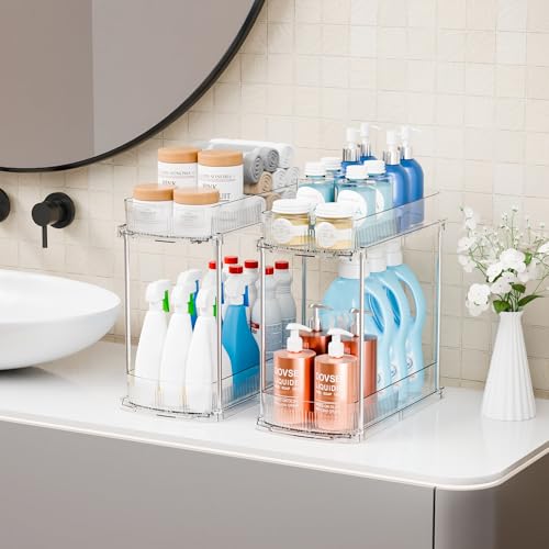 3 Pack 13.8″ Deep 2 Tier Under Sink Storage Organizer,Large Pull Out Bathroom Organizers and Storage,Slide Out Acrylic Undersink Storage Shelf,Kitchen Under Sink Organizer for Cleaning Products - style: 3 Pack-2 Tier
