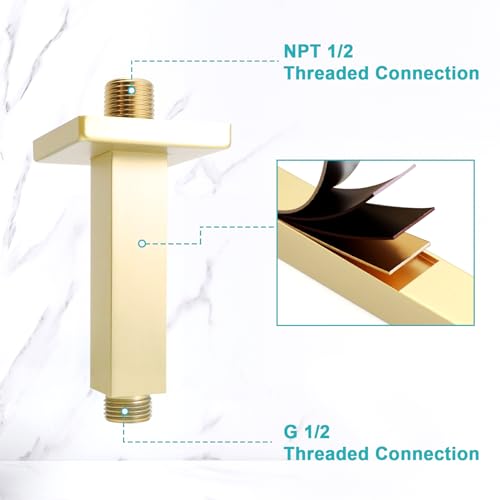 Enga Square Shower Arm with Flange, 3 Inches Ceiling Mount Replacement Rain Shower Head Straight Arm, Brushed Gold - color: Brushed Gold, style: 3 Inch