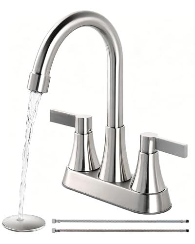 Brushed Nickel Bathroom Faucet 3 Hole, VAPSINT 4 Inch Centerset Bathroom Faucet, 2 Handle Stainless Steel Vanity Faucet for Vanity Lavatory RV with Pop-up Drain and 2 Supply Hoses - color: Brushed Nickel