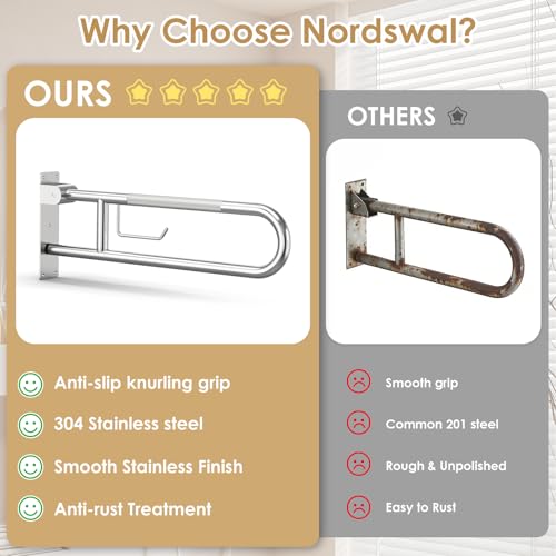 Toilet Grab Bar Support Rail 23.6 Inch, Anti-Slip Knurled Handicap Bathroom Safety Handrails U Shaped Flip-Up with Paper Holder for Elderly Disabled Pregnant, 304 Stainless Steel - size: 23.6in