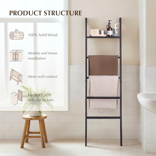 Blanket Ladder with Top Shelf, 5-Tier Wood 64” Decorative Ladder for Living Room Throws, Bedroom Quilt, Bathroom Towel & Toiletry Storage, Home Decor Stand (Black)