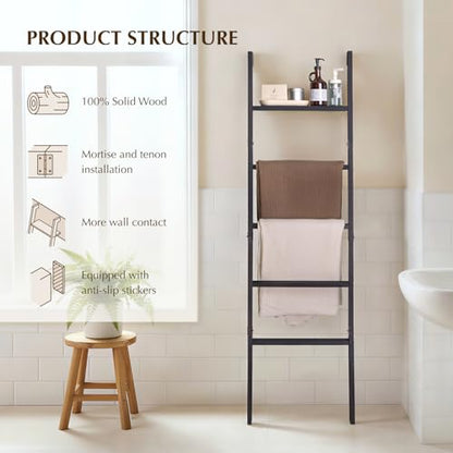 Blanket Ladder with Top Shelf, 5-Tier Wood 64” Decorative Ladder for Living Room Throws, Bedroom Quilt, Bathroom Towel & Toiletry Storage, Home Decor Stand (Black)