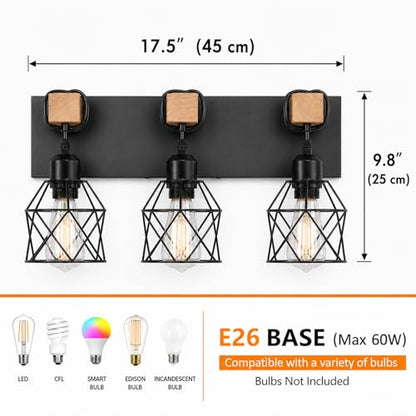 Farmhouse Vanity Light Fixture,3-Light Bathroom Lighting,Black Industrial Wood Wall Light Over Mirror with Metal Shade,Bulbs NOT Included - color: Black, size: 3-Light-Wide 18"