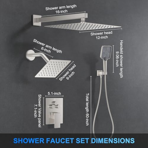 Woindo Shower Faucet Set, 12" Wall Mount Rainfall Shower System with 2 Rain Shower Head and Multi-function Handheld Head Push Button Diverter Shower Faucet Trim Kit - color: Brushed Nickel, style: 12"-Wall-01